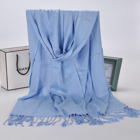 Écharpes d'hiver à pompon bleu pour femmes, châles et enveloppes dame pashmina solide long en cachemire, foulards de tête hijab ► Photo 1/6