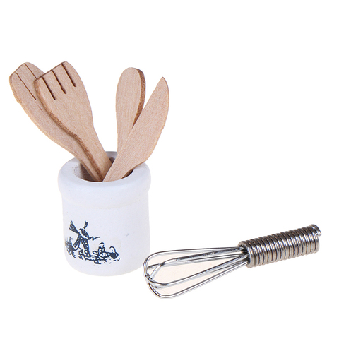 Ensemble de pots de fouet en métal, couteaux et fourchettes en bois, accessoires pour maison de poupée, Miniatures 1:12, Mini accessoires de cuisine ► Photo 1/6