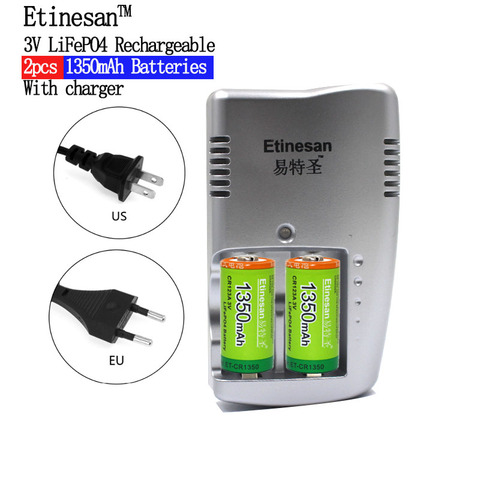 Etinesan 1350 mAh CR123A LiFePo4 batterie rechargeable + 2 Emplacements Intelligente chargeur Intelligent pour 3 V CR 123A Batterie ► Photo 1/6