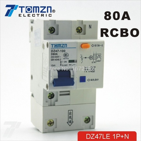 Disjoncteur à courant résiduel 1P + N 80A D, type 230V/400V ~ 50HZ/60HZ, avec protection contre les surintensités et les fuites RCBO ► Photo 1/1