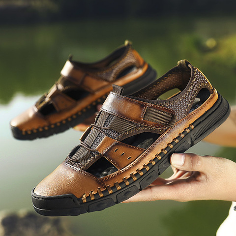 Hommes confortable grande taille chaussures en cuir hommes sandales été hommes chaussures antidérapantes plage sandales homme mode en plein air espadrilles décontractées ► Photo 1/6