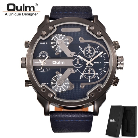 Oulm – montre à Quartz en cuir pour hommes, classique, multi-fuseau horaire, Super grand cadran, marque de luxe, décontracté ► Photo 1/6