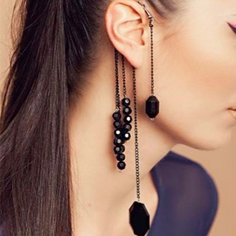 Mode Vintage Rock Punk exquis noir perles longs glands suspendus oreille pince sur Clip boucles d'oreilles femmes bijoux pince manchette boucle d'oreille ► Photo 1/6