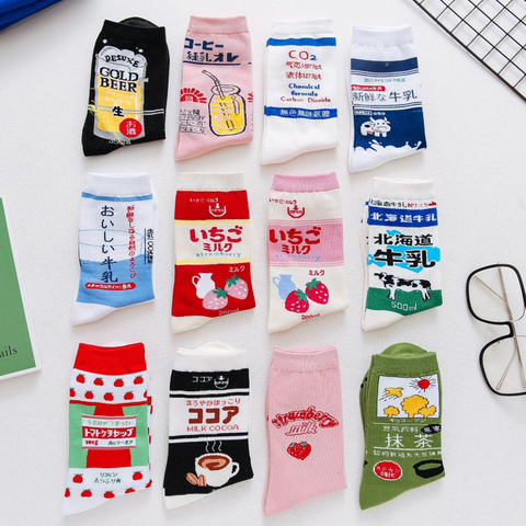 Meias Kawaii – chaussettes japonaises pour femmes, mignonnes, lait, blanc, rose, motif fraise, Jacquard, jus de fruits, Skarpetki Sokken ► Photo 1/6