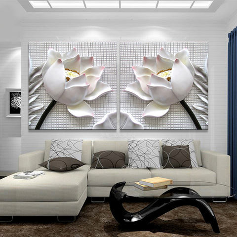 Toile de Lotus blanc moderne en 3D, 2 pièces, peinture à l'huile abstraite modulaire ► Photo 1/6