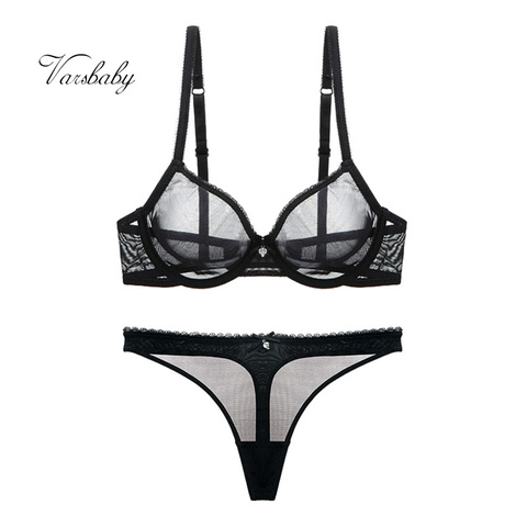 VARSBABY – Ensemble sexy en dentelle transparente de couleur unie, soutien gorge et string, sous vêtements sans armature ► Photo 1/6