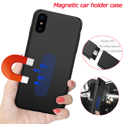 Support pour voiture Magnétique étui pour iphone XR XS MAX X 8 7 6 6 S PLUS Silicone TPU Aimant Couverture étui pour samsung galaxy S9 s10 plus S10e ► Photo 1/6