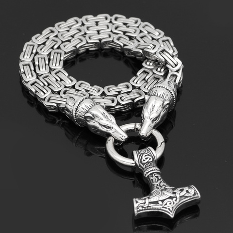 Homme acier inoxydable viking tête d'ours avec thor marteau MJOLNIR pendentif collier-Dragon chaîne ► Photo 1/6