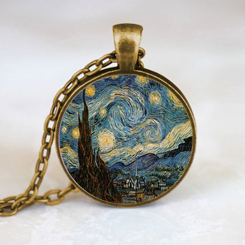 2017 nouveau classique nuit étoilée pendentif Van Gogh collier verre Art peinture pendentifs bijoux lune et Atars colliers HZ1 ► Photo 1/1