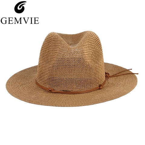 GEMVIE-chapeau d'été Panama, chapeau en paille ajourée pour hommes et femmes, ruban en cuir, Large bord, plage de soleil, casquette de Jazz, Fedora ► Photo 1/6