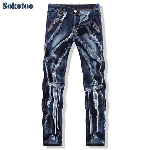 Sokotoo – jean déchiré en patchwork pour homme, pantalon slim droit, avec rivet en cuir, à la mode, livraison gratuite ► Photo 1/6