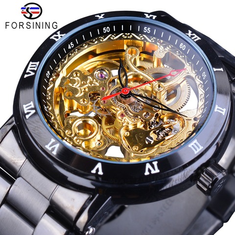 Forsining – montre automatique pour hommes, rétro Royal fleur or squelette horloge rouge noir pointeurs en acier inoxydable, Top marque de luxe 2022 ► Photo 1/6