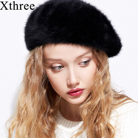 Xthree chapeau en fourrure de lapin pour femmes, béret, chapeau tricoté et solide à la mode ► Photo 1/6
