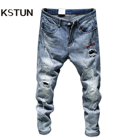 Jean déchiré pour hommes Slim coupe ajustée bleu clair printemps 2022 nouveau effiloché Streetwear Hip Hop Denim pantalon Patchwork hommes pantalon ► Photo 1/6