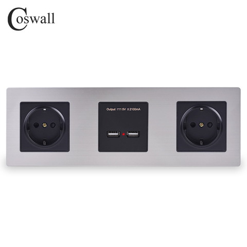 COSWALL – panneau mural en acier inoxydable, Double prise électrique ue, 16a, Port de charge intelligent, Double USB, sortie 5V 2a, couleur noire ► Photo 1/3