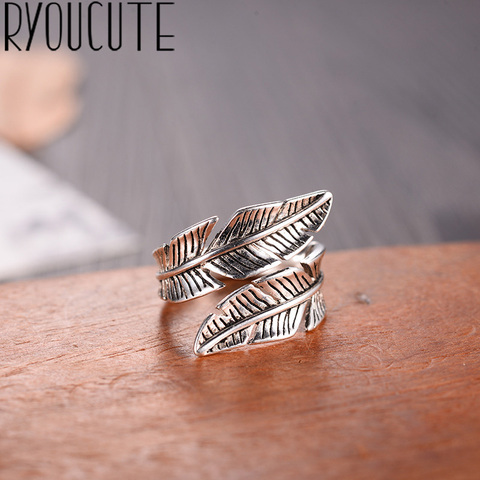 2022 Bijoux de mode réel argent couleur plume anneaux pour femmes Boho réglable Antique anneaux Anillos ► Photo 1/5