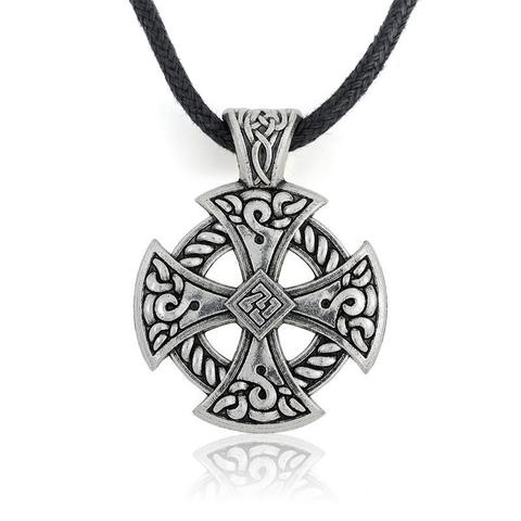 Teamer croix Viking bouclier pendentif collier bijoux tibétain solaire croix collier noeud chrétien irlandais druide cuir chaîne ► Photo 1/3