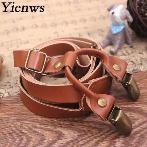 Yienws – Bretelles en cuir véritable pour hommes et femmes, Bretelles Vintage marron avec 4 clips en Bronze, Bretelles, YiA150 ► Photo 1/6