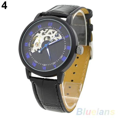 Montre-bracelet en Faux cuir pour hommes, cadran creux mécanique, chiffres arabes, tendance ► Photo 1/1