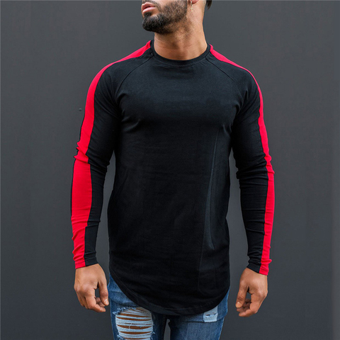 Muscleguy T-Shirt à manches longues col rond homme, vêtement de marque en coton avec Patchwork, à la mode, printemps-automne 2022 ► Photo 1/6