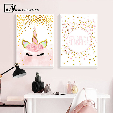 Affiche licorne rose avec citations, toile murale d'art imprimée, peinture décorative de Style nordique, image de décoration de chambre de bébé fille ► Photo 1/6