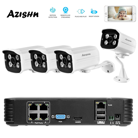 AZISHN Full HD 1080P 4 canaux système de vidéosurveillance 4 pièces 2MP métal extérieur caméra IP 4CH 1080P POE 48V NVR CCTV Kit HDMI P2P alarme e-mail ► Photo 1/6