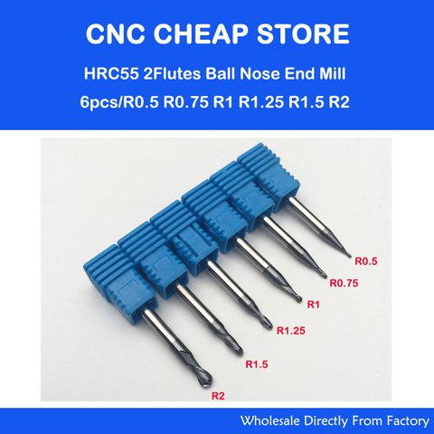 Fraises en carbure de tungstène HRC55, fraises à double cannelure, outils de coupe, nez de boule, routeur CNC R 0.5,0.75,1,1, 25,1, 5,2mm, 6 pièces ► Photo 1/1