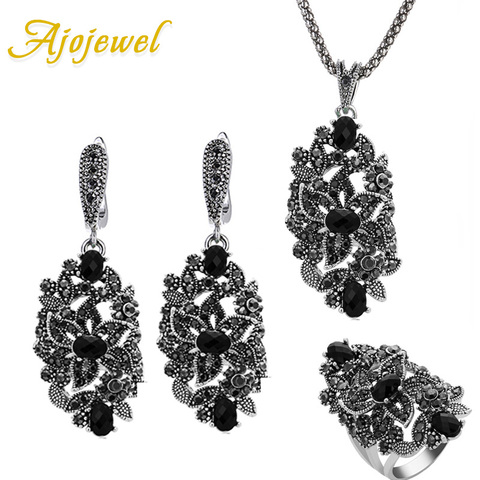 Ajogem – ensembles de bijoux Vintage de marque pour femmes, collier de fleur creuse en cristal noir, boucles d'oreilles, bague ► Photo 1/6