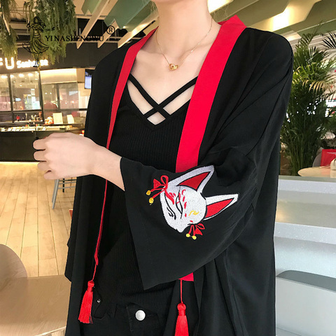 Kimono japonais femmes Harajuku chemises japonaises brodé renard Blouses décontracté hauts Blouses Kimono Cosplay Kimono avec ceinture ► Photo 1/6