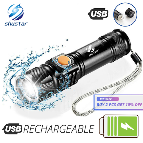 Lampe de poche LED puissant avec queue USB tête de charge Zoomable torche étanche lumière Portable 3 modes d'éclairage batterie intégrée ► Photo 1/6