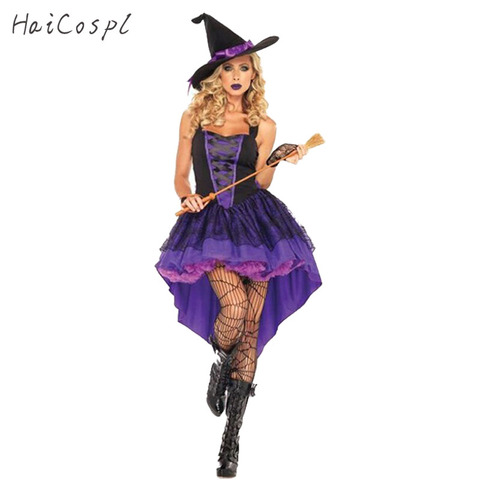 Grande taille XXL-S Halloween sorcière déguisement pour femmes adulte Sexy violet hirondelle queue bretelles robe chapeau carnaval fête femme Costume ► Photo 1/4