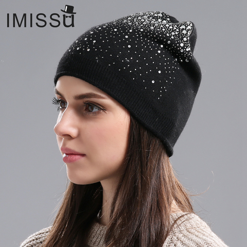 Imissa – casquette d'hiver en laine tricotée pour femme, chapeau d'extérieur décontracté, couleur unie, avec cristal ► Photo 1/5