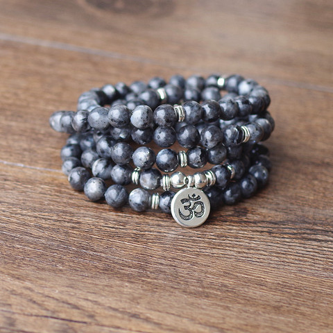 Bracelet ou collier mala Labradorite avec Lotus OM bouddha, bijou en pierres naturelles pour femmes et hommes, breloque 108 ► Photo 1/6