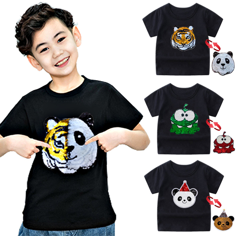 T-shirt à paillettes Panda, tigre, dinosaure pour enfants, t-shirt pour garçons, t-shirt imprimé de dessin animé, hauts d'été pour bébés ► Photo 1/6