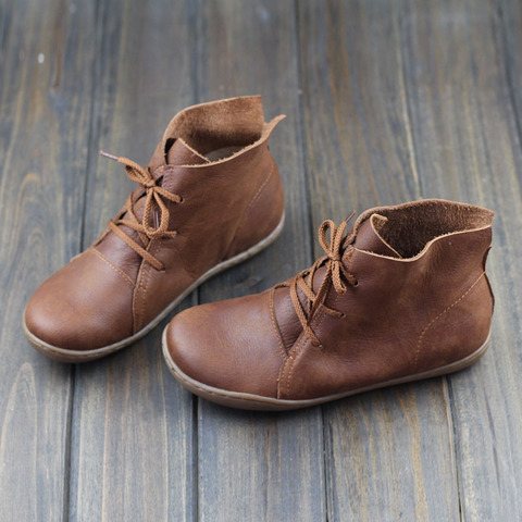 Femmes bottines grande taille fait à la main en cuir véritable femme bottes bout rond à lacets chaussures chaussures femme chaussures de conduite ► Photo 1/6