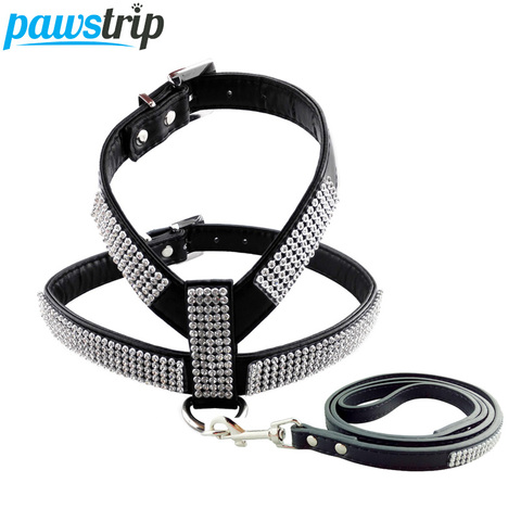 Pawstrip 4 couleurs PU cuir chien harnais laisse plomb Bling strass chien laisse harnais gilet pour petits chiots XS-L ► Photo 1/6