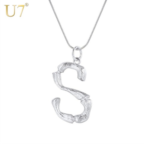 U7 – collier avec pendentif en bambou 3D, cadeau pour hommes/femmes, chaîne serpent en alliage, bijoux 26 lettres A-Z, collier couleur argent P1212 ► Photo 1/6