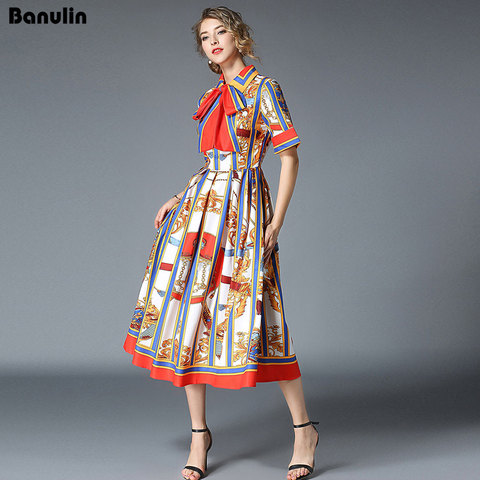 Banulin haute qualité 2022 plus récent piste concepteur robe d'été femmes à manches courtes col de chemise rayure imprimé nœud robe Midi ► Photo 1/6