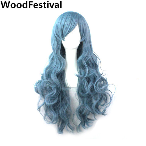 WoodFestival femmes longue ondulée fumée bleu synthétique perruque Cosplay perruques avec frange haute température Fiber résistant à la chaleur ► Photo 1/6