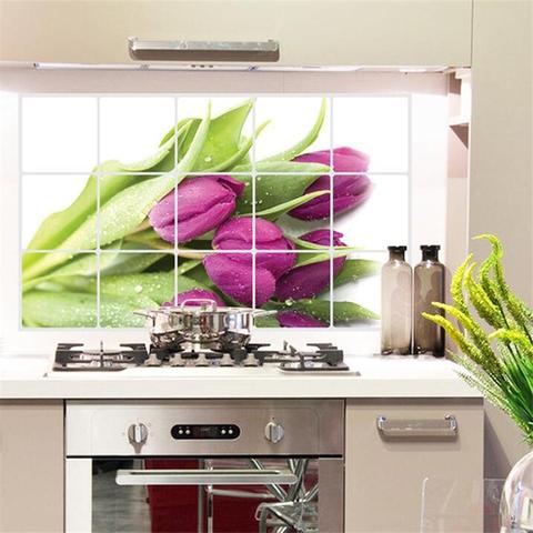 Autocollant Mural Anti-huile fleurs tulipe | Nouvelle affiche décorative pour carrelage de cuisine, feuille d'aluminium, autocollant d'art Mural résistant à la chaleur et à l'huile ► Photo 1/6