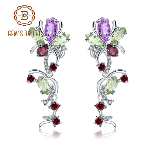 Boucles d'oreilles de BALLET en argent Sterling 925, bijoux fins pour femmes, multicolores, naturel, péridot, améthyste, grenat, Vintage, fleur ► Photo 1/6