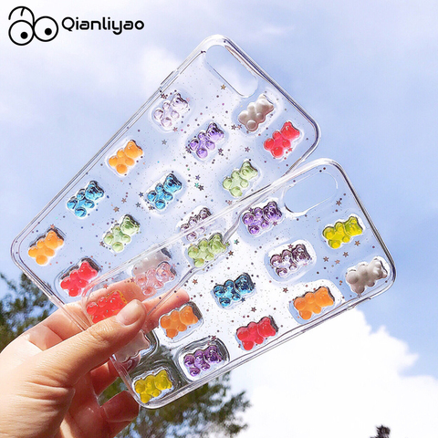 Qianliyao mignon 3D bonbons couleurs ours coque de téléphone pour iphone X XS Max XR 8 7 6 6S plus 11 12 Pro Max Se 2022 paillettes couverture souple ► Photo 1/6