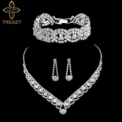 TREAZY – ensemble de bijoux de mariée en cristal argenté pour femmes, collier, boucles d'oreilles, Bracelet, accessoires de mariage ► Photo 1/6