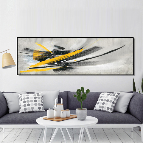 Peinture à l'huile sur toile abstraite minimaliste en noir et jaune, images d'art mural pour décor nordique ► Photo 1/6