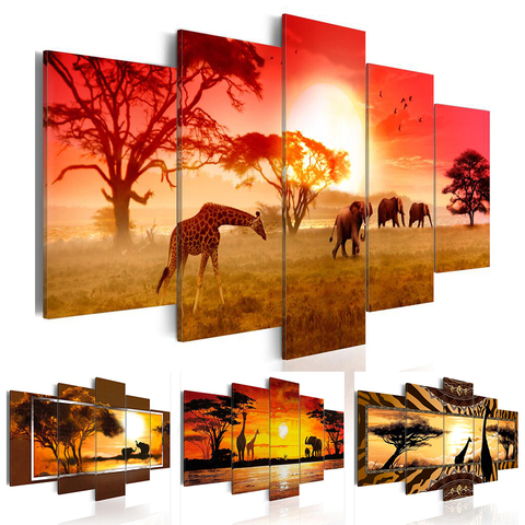 Toile d'images modulaires, 5 panneaux, peinture d'éléphant, girafe, coucher de soleil, affiche murale imprimée, cadre de décoration pour la maison ► Photo 1/6