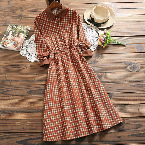 Mori girl – robe à carreaux vintage en velours côtelé pour femmes, manches longues, mode printemps 2022 ► Photo 1/5