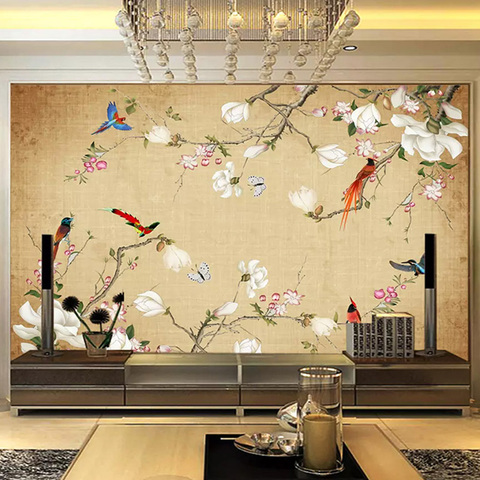 Papier peint Mural 3D avec fleurs et oiseaux, peinture murale 3D avec Photo peinte à la main de Style chinois ► Photo 1/6