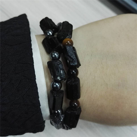 Natutal – bracelet en Tourmaline noire brute, avec Onyx rond, hématite brune, oeil de tigre, Hamsa, breloques en métal, unisexe ► Photo 1/6