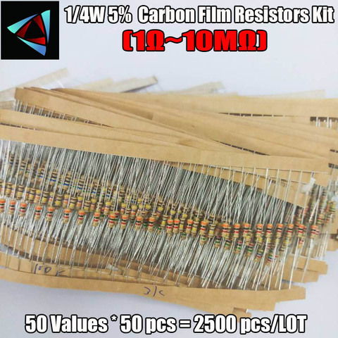 Kit d'assortiment de résistances en Film de carbone, 2500 pièces/lot, 1/4W 0.25w 5% 1R-10M, 50 valeurs ► Photo 1/3