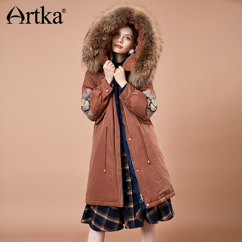 ARTKA femmes 2022 hiver Vintage broderie épaisse 90% blanc canard vers le bas manteau de fourrure à capuche femme mode chaud veste manteau YK10184D ► Photo 1/1